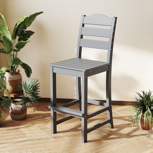 Image of Tangkula Patio HDPE Barstool, Outdoor High Top Bar Chair w /Backrest & Footrest, All-Weather Wood-Plastic Bar Height Chair for Poolside, Backyard, Porch (2, Grey)