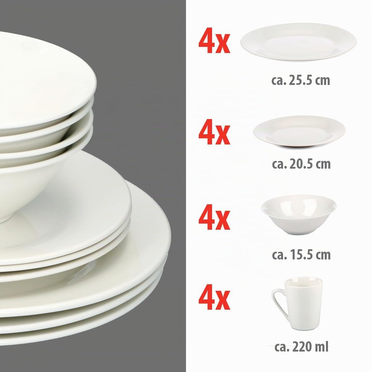 alpina Servizio Piatti per 4 Persone - Set di Piatti e Ciotole - Stoviglie in Terracotta - Piatti Piani, Piatti da Dessert, Ciotole e Bicchieri - Utilizzabili nel Microonde e in Lavastoviglie - Bianco