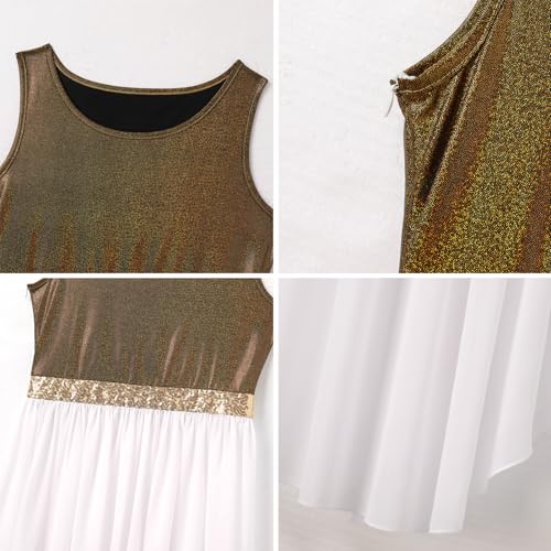 IBAKOM Praise Dance Dress for Women Metallic Tank Top Shiny Sequins Waist Chiffon Skirt Worship Overlay and Tunic Adult Lyrical Contemporary Dance Costume Liturgical Dancewear Gold 2XL — view 3