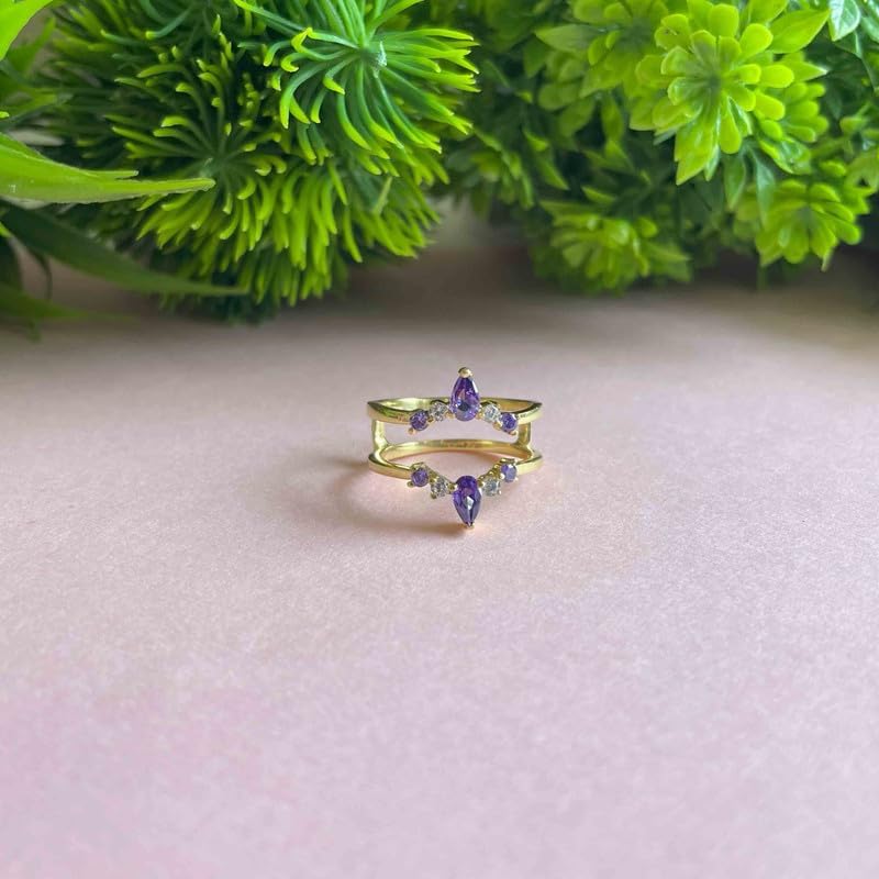 Purple Amethyst & White Diamond Crown Shaped Enhancer Guard For Women, 14k Gold Finish Amethyst Wrap Ring, Engagement Ring