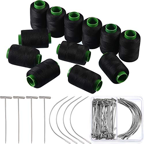 Boao 82 Pieces Wig Making Pins Needles Thread Set, 50 Pieces T Pins and 20 Pieces C Curved Needles with 12 Rolls Thread for Wig Making, Blocking Knitting, Modelling and Crafts
