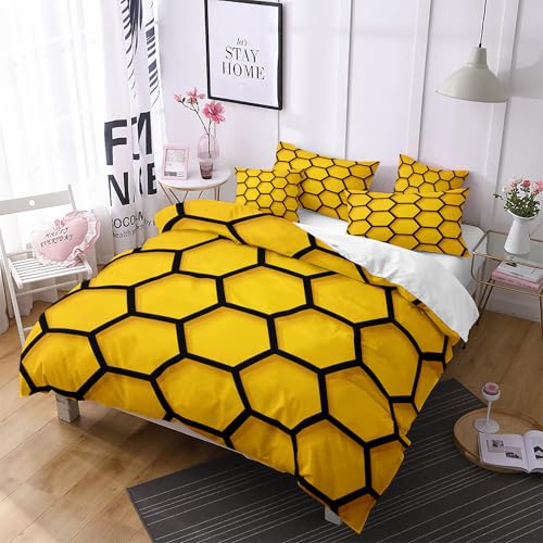 Housse de couette 140x200 patchwork hexagonal abstrait jaune noir moderne microfibre