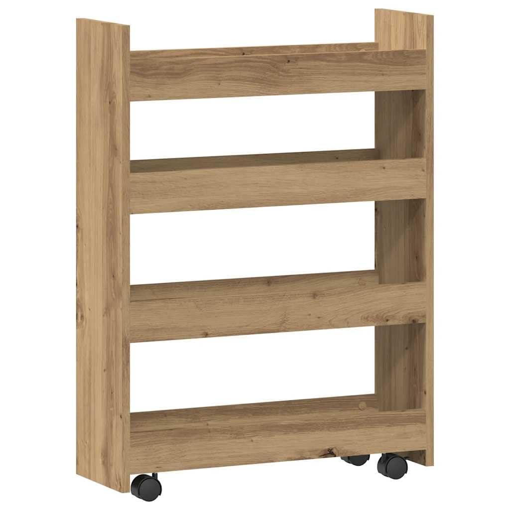 vidaXL Narrow Storage Trolley 4 Tier, Rolling Cart for Living Room Bedroom, Bookcase on Wheels, Standing Shelf, Artisian Oak Engineered Wood