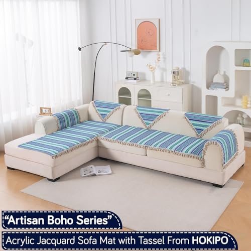 Image of HOKIPO 'Artisan Boho Series' L Shape (2+2 Seater) Seat Mat for Sofa | Thick 450 GSM Cotton Acrylic Jacquard Fabric Cover with Tassel, Royal Blue (NEW-IN-902+903-A2)