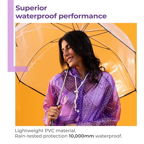 Image of Lifelong Ladies Designer Raincoat | Polka Dot Print | Knee Length | Lightweight PVC Waterproof Raincoat for Women with Drawstring Hood | Portable, Stylish & Travel-Friendly (Size M, Purple)