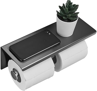 Toilet Paper Holder with Phone Shelf, Wall Mounted Stainless Steel Tissue Dispenser for Bathroom Double Roll-Black