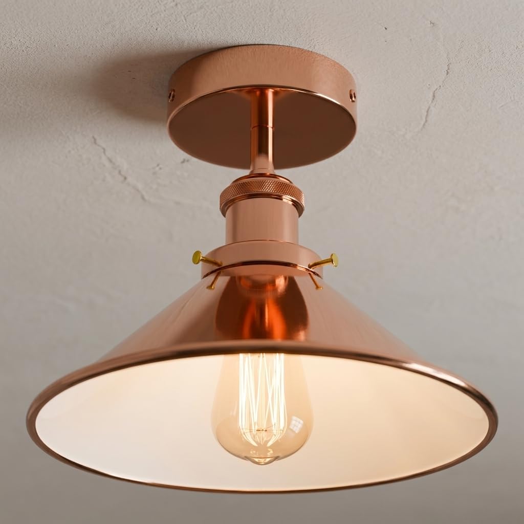 DC VOLTAGE Vintage Ceiling Lighting Fixtures E27 Base 22cm Rose Gold Cone Shade Industrial Semi Flush Mount Indoor Ceiling Lamp for Living Room,Hallway,Balcony Without Bulb โ image 1
