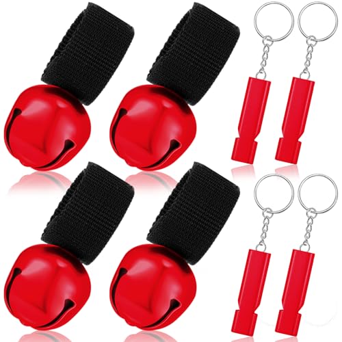 Gemscream 4 Sets Bear Bells with Whistle for Hiker, Loud Bear Bell with Emergency Whistle, Bear Bells for Hiking, Outdoor Camping, Survival, Biking, Fishing, Climbing, Hunting, Pet Tracker(Red)