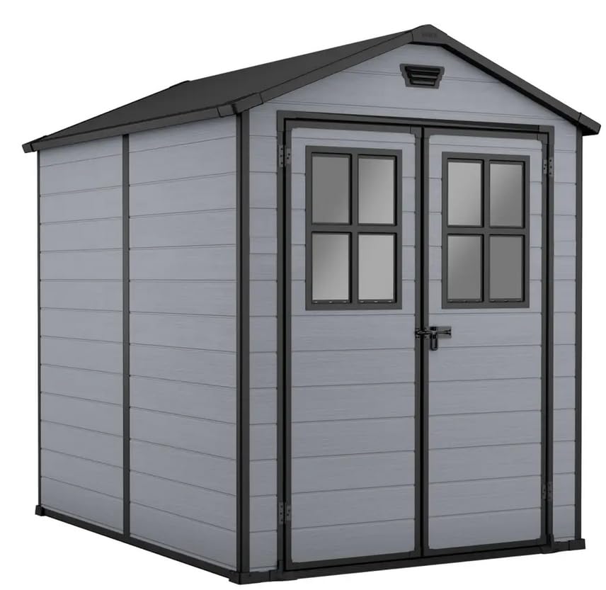 Keter Lineus 6x8 Gartenhaus mit Türfenster, Außenmaße: 185,8cm x 236,8cm x 227cm, Innenmaße: 168,9cm x 215cm x 219,7cm, Evotech Material, wetterfest, grau/schwarz, Kunststoff