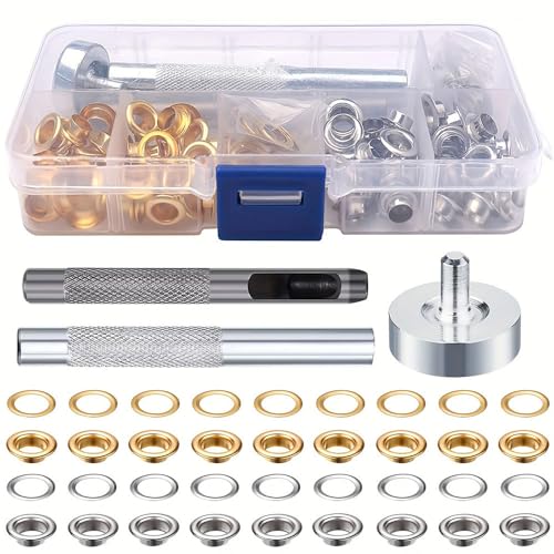 ハトメキット 100組セット 穴あけ・打ち具付 6mm 両面ハトメ 真鍮製 レザークラフト 手芸 DIY カバン 靴 帽子 衣類 補修 穴あけポンチ 収納ケース付 内径6mm