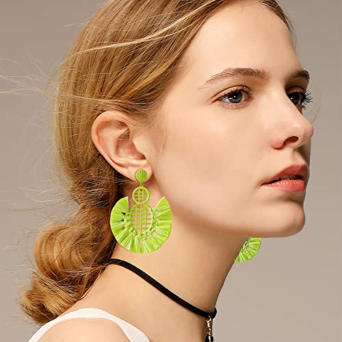Statement Raffia Round Earrings - Boho Drop Handmade Straw Earrings -Geometric Dangle Earrings For Women，Girls (Green) #TOP4