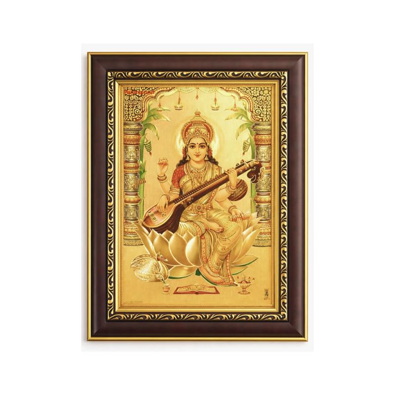 Image of Paramporul Gallery Saraswathi Vidya Lakshmi Gold Foil Photo Frame for Pooja Room, Hindu God Wall Decor, Ready to Hang, 10x14 Inch
