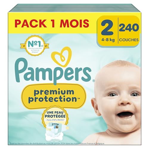 Pampers Premium Protection, Taille 2, 240 Couches, 4-8kg, Double Protection pour la peau et contre les fuites Avec...