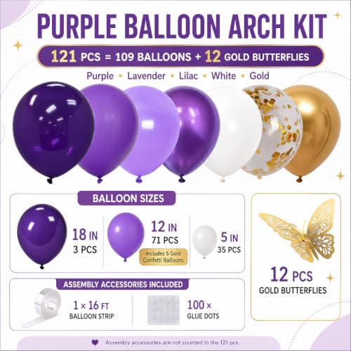 Image of Purple Balloon Arch Kit, Purple and Gold with Butterflies, 121 Pcs