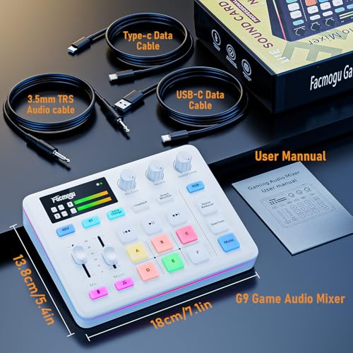 Image of Facmogu G9 Audio Mixer, Streaming RGB PC Mixer with XLR Microphone Interface, Volume Fader, Mute Button, 48V Phantom Power, Sound Board Podcast Equipment for Live Streaming, Podcast Recording - White