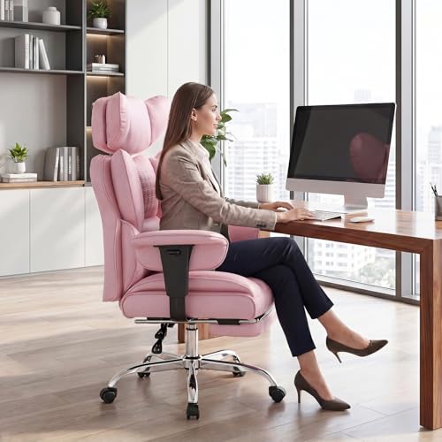 Image of DUMOS Big and Tall Home Office Desk Chair, Ergonomic Executive Chair with Footrest, Computer Gaming Chairs with High Back Reclining, Adjustable Armrests and Comfy Lumbar Support, PU Leather, Pink