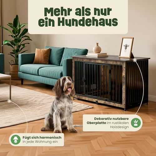 zooprinz Designer Hundebox 98 x 65 x 70 cm- Stilvolles Möbelstück - EIN eleganter Hundeschrank mit dekorativer Oberplatte im warmen Holz Look. Für Zuhause, drinnen/innen – Rückzugsort für Hunde
