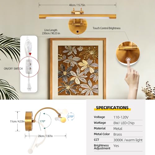 TYhogar 40cm Bathroom Vanity Light 15.7" Picture Light,Plug in,Led,8W Wall Lights for Paintings,3000K,CRI90+,Touch Dimming,Rotatable Poster Lights for Display,Cabinet,Art Work,Gallery(Brass-Color) — view 2