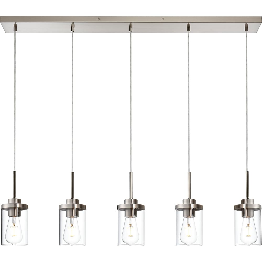 5 lights island lights for kitchen modern industrial brushed nickel linear chandeliers with clear glass shade for dining room kitchen long finish ceiling lighting fixtures
