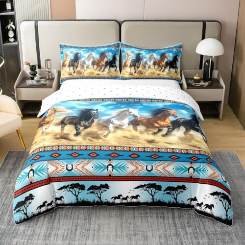 Homemissing Juego de ropa de cama con diseño de caballo, tamaño doble, funda de edredón para niños y niñas, estilo vaquero salvaje occidental, azteca, bohemio, rústico, granja, 100 % algodón, suave, 3