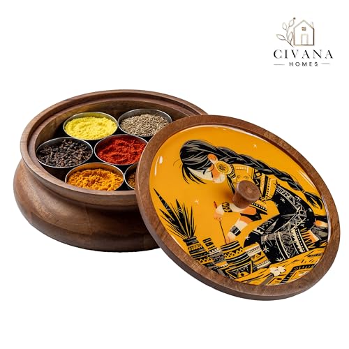 Image of Wooden Spice box for kitchen with spoon, Mango wood box with 7 Steel containers | Masala box for kitchen | Masala Dani | Best Gift (Yellow Masala Box)