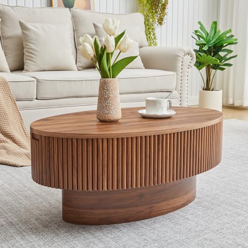 Janmer Home Oval Coffee Table with Hidden Storage, 31.5 Inch Wide Modern Coffee Table, Center Table with Fluted Veneered, Accent Tea Table for Small Space Living Room Apartment (Walnut)