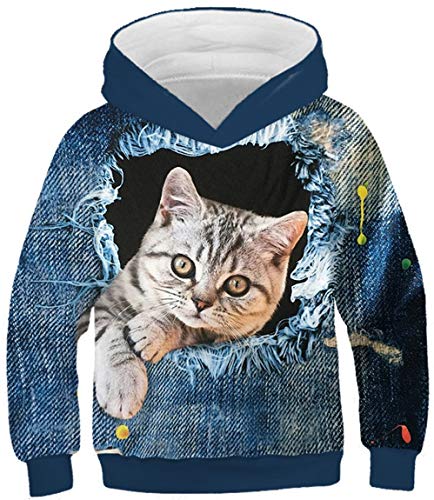 Ocean Plus Jungen Tiere Kätzchen Kapuzenpullover Universum Galaxis Hoodie Mädchen Pulli mit Kapuzen (XS (Körpergröße: 115-120cm), Lochjeans Katze) Cover