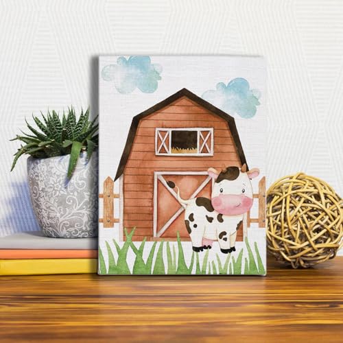 Image of Watercolor Farmhouse Nursery Decor Canvas Wall Art Farm Cute Animal Chicken Cow Pig Wall Decor Artwork Poster Prints for Home Living Room Girls Boys Bedroom Classroom Decoration,4PCS,Framed,8x10IN