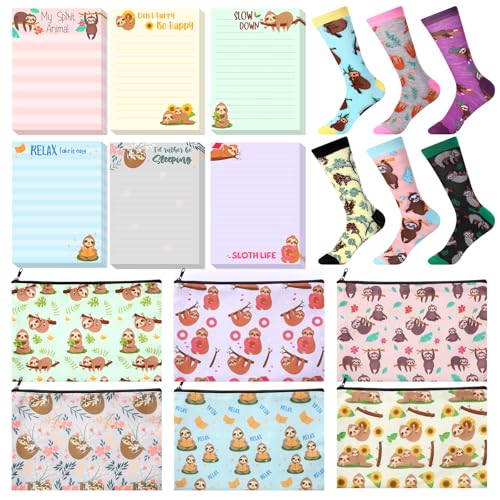 Yeyeplum 18 Pcs Sloth Gifts for Sloth Lovers, Sloth Gifts for Women, Sloth Gifts and Stationery, Cute Sloth Print Makeup Bag Sloth Sticky Notes 3''x4'' Memo Pads Novelty Sloth Socks Birthday Gift