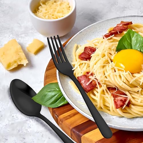 Image of Unokit 24-Piece Forks and Spoons Silverware Set - Forks and Spoons Food Grade Stainless Steel Silverware for Home, Kitchen and Restaurant, 12-Fork and 12-Spoon, Mirror Polished&Dishwasher Safe, Black