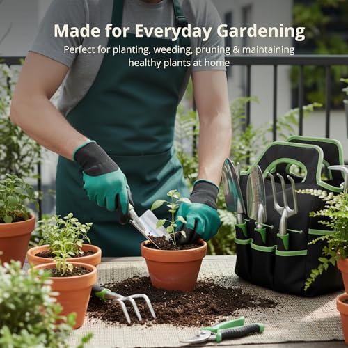 Image of Kraft Seeds Premium Gardening Tools Kit for Home Garden - Hand Trowel, Transplanting Trowel, Hand Cultivator Fork, Weeder, Rake, Pruning Shear, Spray Bottle, Carry Bag, Claw Gloves