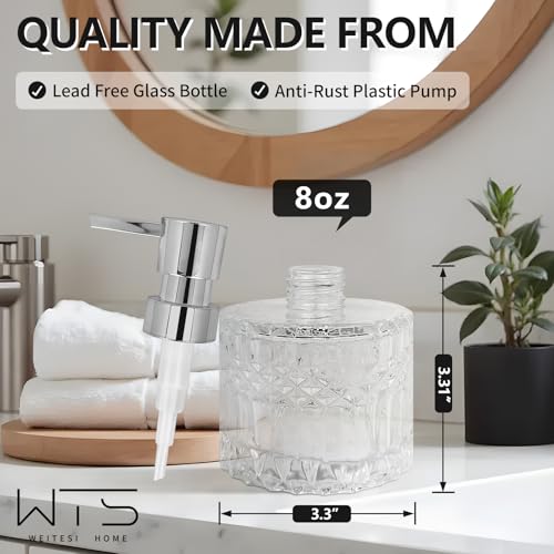 Image of Diamond Pattern Glass Soap Dispenser, Refillable Clear Glass Soap Dispenser with Plastic Rust Proof Pump for Dispense Hand soap, Body wash
