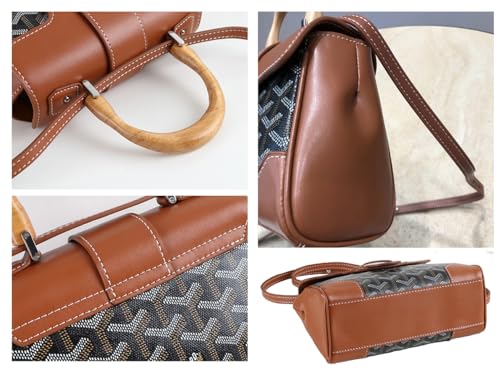 Image of HIONRE Genuine Cowhide Leather Tote Bag For Women Crossbody Bags Satchel Wood Top-Handle Bag Gift for Lady