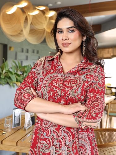 Image of Women's Red Printed A-Line Kurta with Pant Set | Soft Rayon Fabric | Stylish Collar Neck & 3 /4 Sleeves | Kurti Set