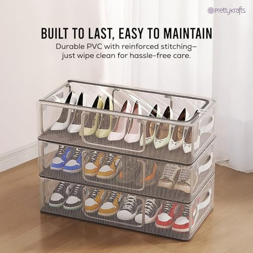 Image of PrettyKrafts Shoe Storage Box, Clear Plastic Stackable Shoe Box, Space Saving Foldable Multipurpose Storage Organizer for Shoes & Blankets, Clothes, UnderBed & Closet Storage (62 x 33 x 34 cm)