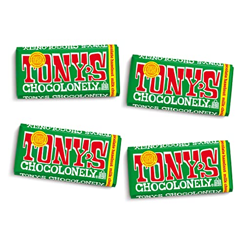 Tony’s Chocolonely Belgian Milk Chocolate Hazelnut Candy Bar for Snacks, Chocolate Bars for Party Favors, Gifts, or Gift Basket, 32% Cacao, Made From Quality Fairtrade Cocoa, 4 Bars, 6.35 Oz Each