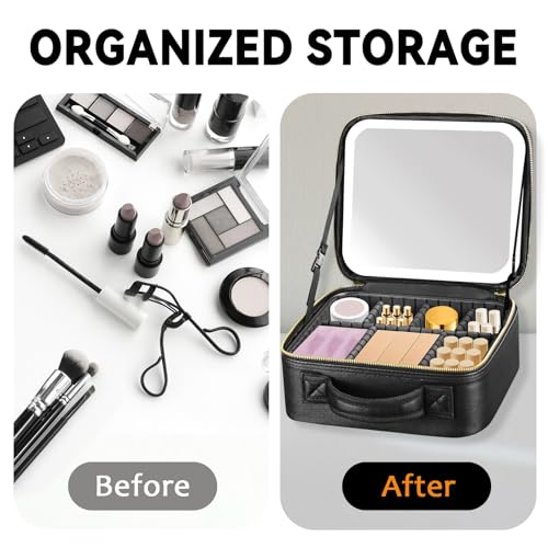 Makeup Bag with LED Mirror, Three-level Adjustable Brightness, Travel Makeup Case with Removable Lighted Mirror, Adjustable Dividers and Brush Storage Board - Image 6