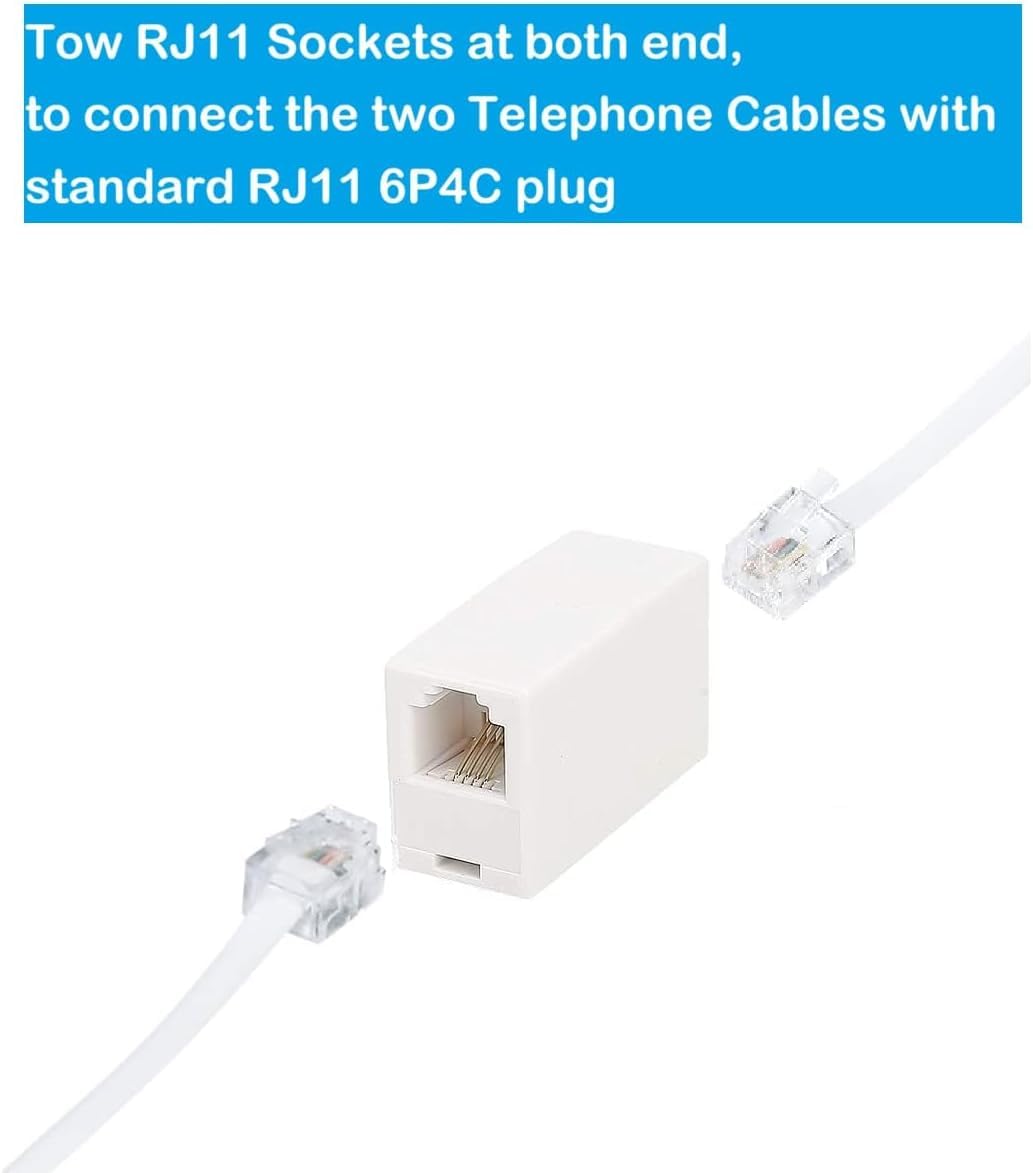 Langes Telefon-Verlängerungskabel, 10 m, weiß, Telefonkabel mit Standard-RJ11-Stecker, 1 Telefonleitungs-Splitter, 2,5 cm-Koppler und 25 Kabelclips für Telefongespräche, Kommunikation