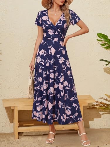 Image of HUHOT Women's Short Sleeve Wrap V Neck Dresses for Wedding Guest Summer Floral Maxi Sundresses with Pockets Boho Dress