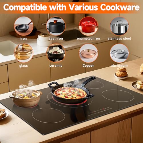 Image of Noxton 36 Inch Electric Cooktop 5 Burner, 9200W Built-in Electric Stove Top | Triple Elements, Pause, 9 Power Levels, Touch Control, Timer, Child Lock and Residual Heat Warning, 220-240V Hard Wire