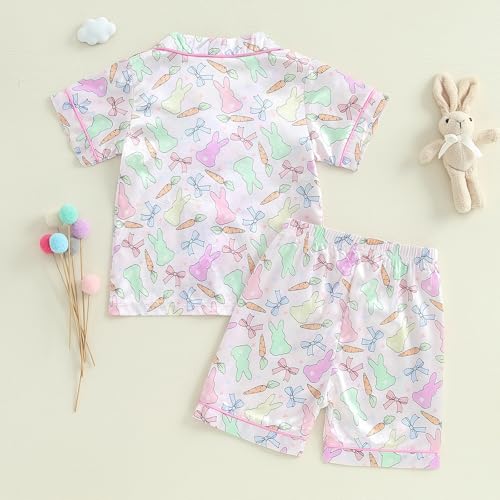 Toddler Girl Boy Easter Pajamas Set Cute Bunny Short Sleeve Button Down Shirt Top Elastic Shorts Sleepwear4