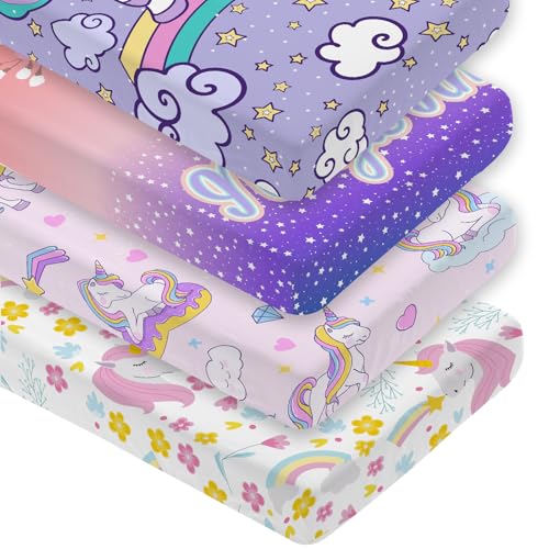 Image of 4 Pack Unicorn Baby Girl Crib Sheet Set, Rainbow Soft Breathable Fitted Pink Purple Crib Sheet, Cute Princess Nursery Decor for Standard Crib and Toddler Bed Mattresses 28 x 52 in