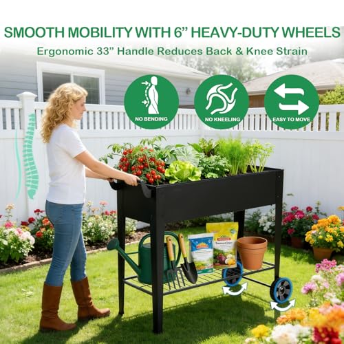 Image of 2-Pack 32 inchHeight Elevated Raised Garden Bed with Wheels & Storage Shelf, 400 Lbs Capacity, Anti-Rust, Space-Saving Planter for Vegetables, Herbs, Patio, Balcony, Backyard