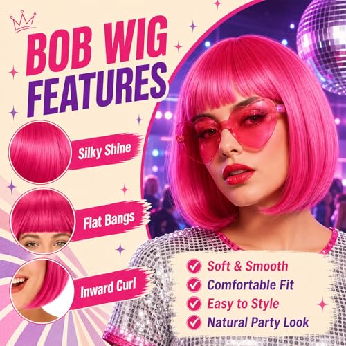 Image of Wesiti 24 Pcs 6 Sets Wigs Tutus Glasses for Women Costume,Rose Red,Lovely