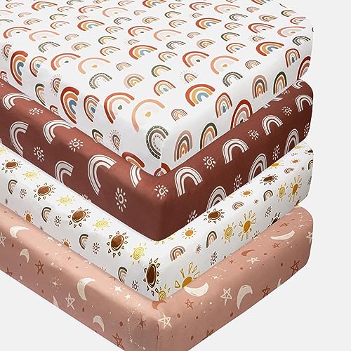 4 Pack Crib Sheets Boho Nursery Sheets Sunshine and Rainbow Desdign Neutral Unisex Fitted Baby Standard Crib Sheets for Baby Boys or Girls (Crib...