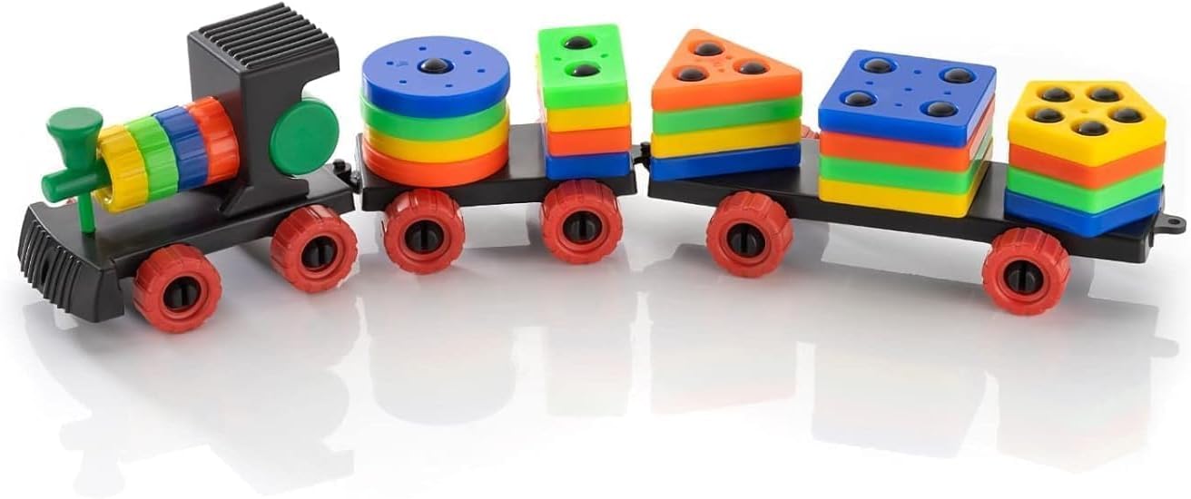 QBIX Shape Sorting Stacking Train Toy Montessori Wooden Educational Train for Toddlers, Color & Shape Recognition, Fine Motor Skills Development, Early Learning Preschool Activity Toy