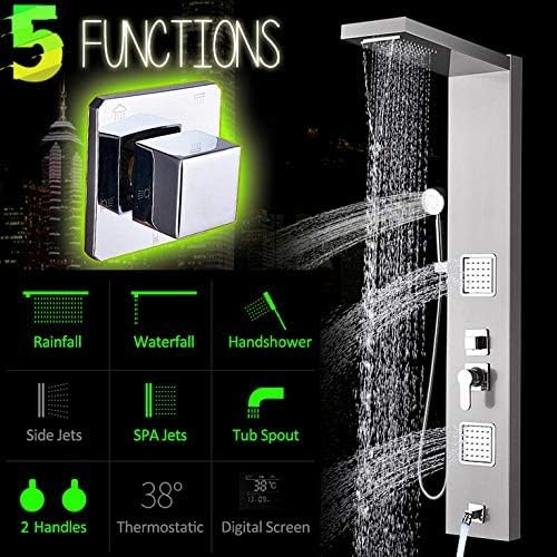 Columna de ducha con panel de lluvia, cascada y chorros de hidromasaje, grifo termostático con luz LED y pantalla digital de temperatura miniatura 3