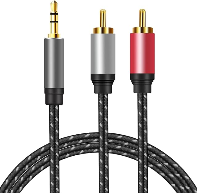 ShinKey AUX RCA Cable 1M, 3.5mm to 2-Male RCA Audio Auxiliary Adapter Stereo Splitter Cable Dual Shielded Gold-Plated Nylon-Braided Breakout Cord for Smartphone, Speakers, Tablet, MP3 Player (1M)