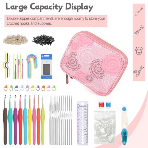 Image of Katech Crochet Hook Case-Empty Zipper Bags Portable Travel Crochet Storage Bag Organizer with Web Pocket and Crochet Hook Holder Slots for Carrying Crochet Needles (Up to 7'')