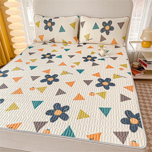 Odot Protector de Colchón Acolchado, Protector de Colchón Relleno de Látex con 4 Bandas Elásticas + Funda de Almohada, Funda Protectora para Cama Impresión (Triángulo,180x200cm-3 Piezas)